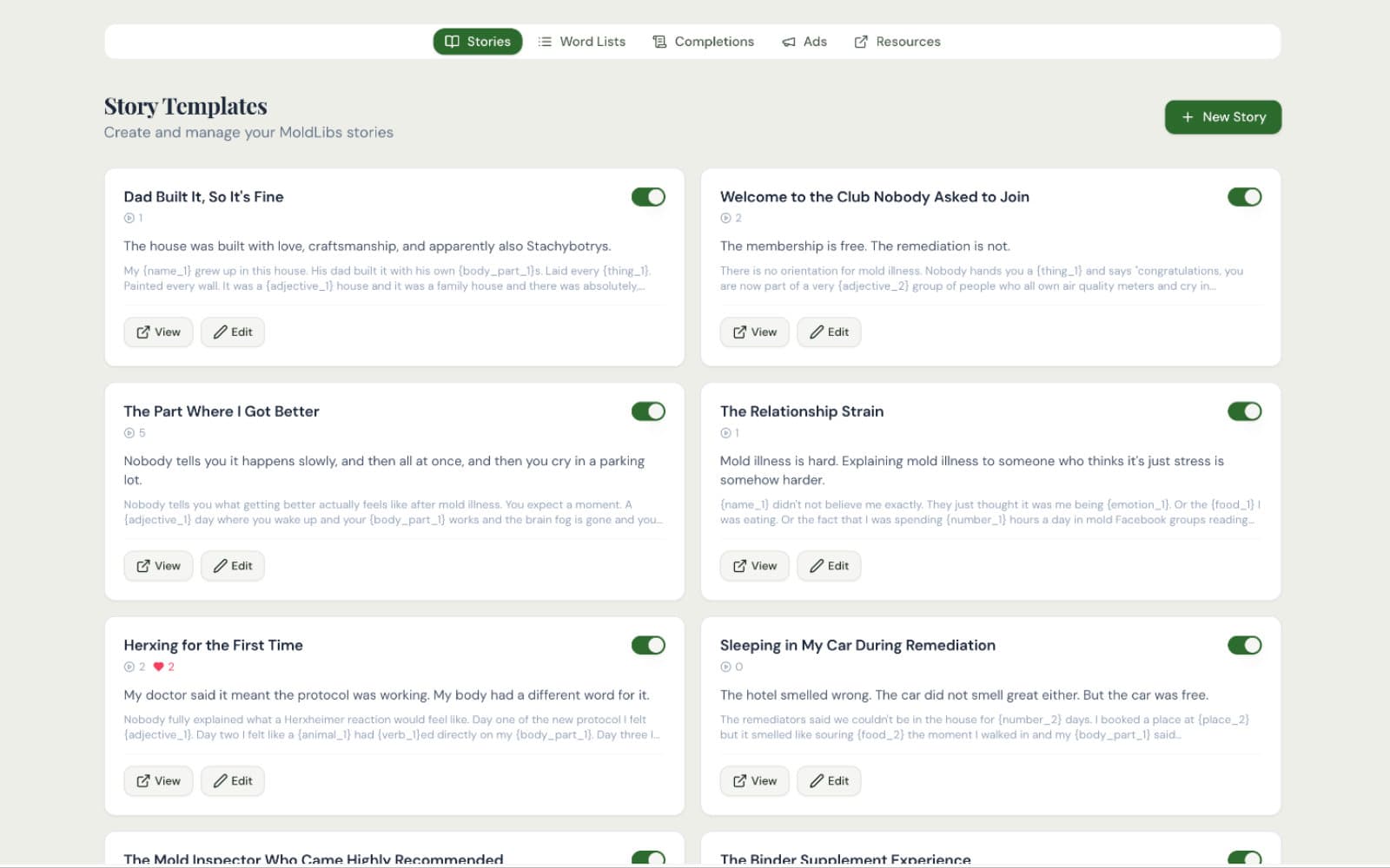 Mold Libs admin: story templates